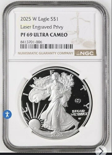 2025-W プルーフ 1ドル レーザービーム刻印 プライベートシルバーイーグル NGC PF69