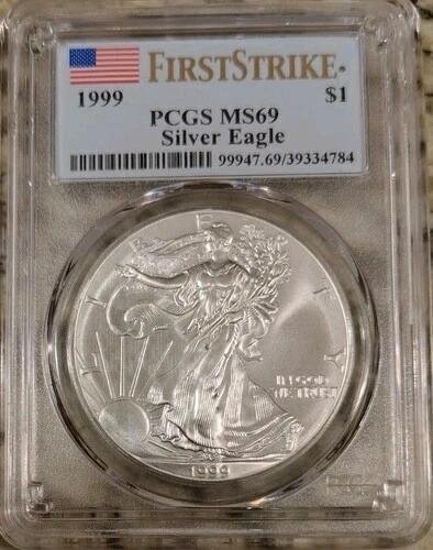 1999年 1ドル アメリカン シルバー イーグル PCGS MS69 フラッグ ファーストストライク ラベル 75,625円