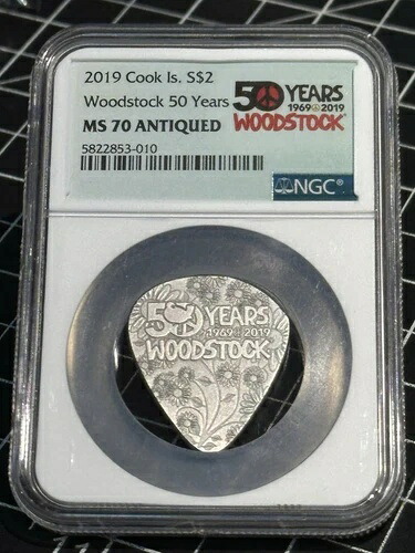 2019年 クックアイランド 1/4g シルバー $2 NGC MS 70 「ウッドストック 50周年記念 ギターピック」