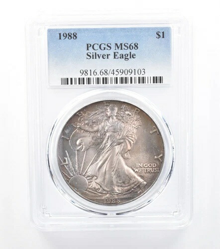 1988年 アメリカン シルバー イーグル MS68 PCGS パープル/レインボートーン *7725