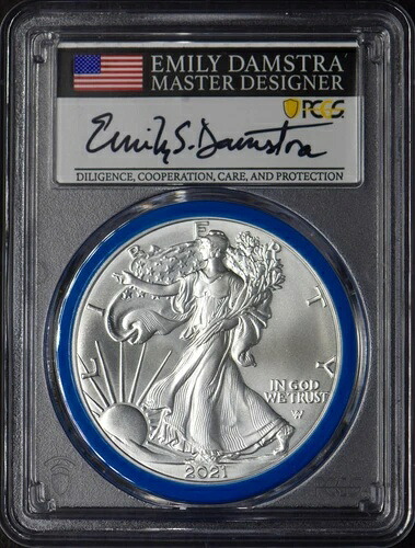2021年-(W)T2 アメリカンシルバーイーグル PCGS MS70 FS ダムストラ サイン入り ブルー?コインガント?-