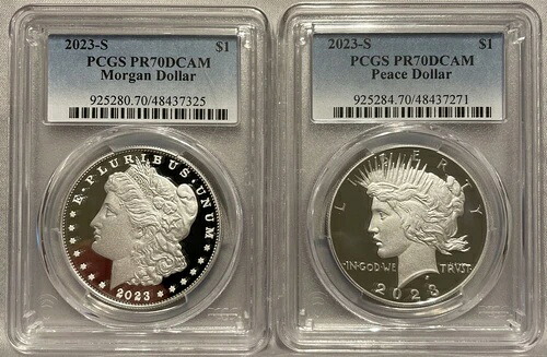 2023-S プルーフ 1ドル モルガン＆ピース シルバー ダラー 2枚セット PCGS PR70DCAM ブルーラベル
