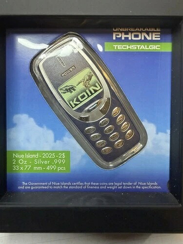 ~ 2025年 NIUE $2 ~ Techstalgic ~ 壊れない電話 ~ 2 オンスシルバー ~ カラー金メッキコイン ~-