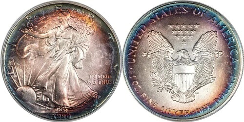 US013 1990年 1ドル シルバーイーグル PCGS MS67。美しい色調。
