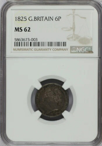 1825年英国6P NGC MS62。 送料。-
