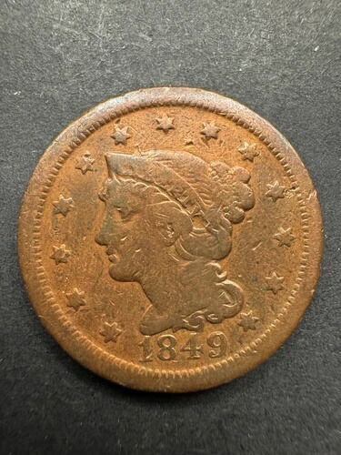 1849年製 編み込みヘア リバティ ラージセント トール デイト コレクターズアイテム 初期米国銅ペニー