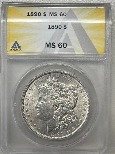 1890年 ANACS MS 60 モルガン銀貨、ミス・リバティ・ヘッド・ドル、1ドル