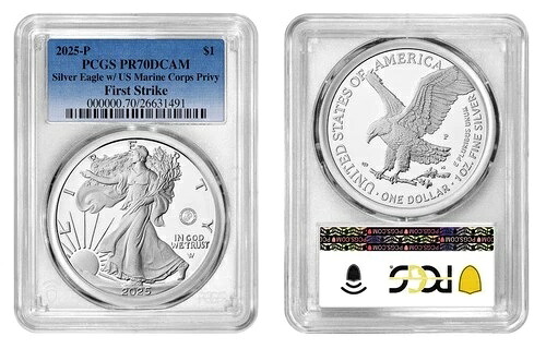 2025-P (PR70) プルーフ アメリカン シルバー イーグル 米海兵隊 プライビー FS ファーストストライク PCGS｜WORLD RESOURCE【QUEEN店】