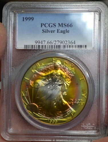 MS66 1999年 アメリカン シルバー イーグル PCGS 美しいライトオンゴールド/レッドオレンジトーン