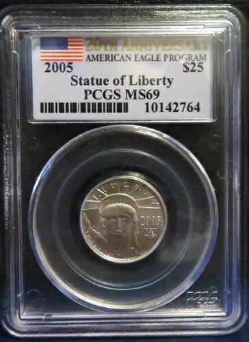 2005年プラチナ20周年記念 25ドル 1/4オンス イーグル自由の女神像 PCGS MS69