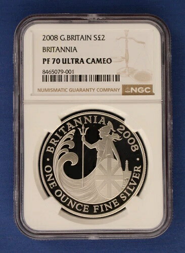 2008年 ロイヤルミント 1オンス シルバー プルーフ ブリタニア 2ポンド コイン NGC PF70 ケースとCOA付き