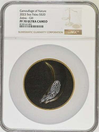 自然の迷彩 金メッキ 5オンス 銀貨 20ドル パラオ 2023 NGC PF70 ウルトラカメオ