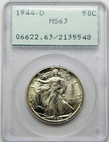 1944年 D ウォーキング・リバティ・シルバー ハーフドル PCGS MS63 OGH Gen 1.2 ラトラー