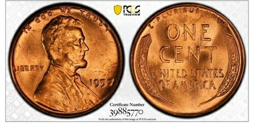 1957年 1C RD リンカーン小麦 1セント PCGS MS66RD 39885770