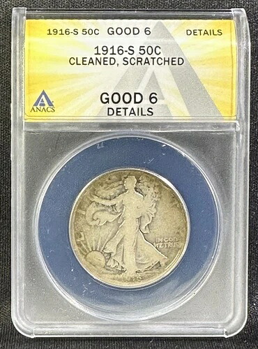 1916-S ウォーキング・リバティ・ハーフダラー ANACS G6 詳細 シルバー キー日付 ホールフィラー