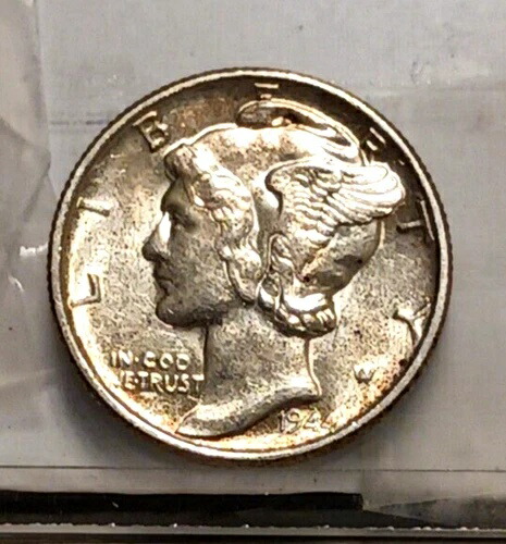 1944-P マーキュリー銀貨10セント硬貨、UNC/BUディテール、KM#140 トーン加工