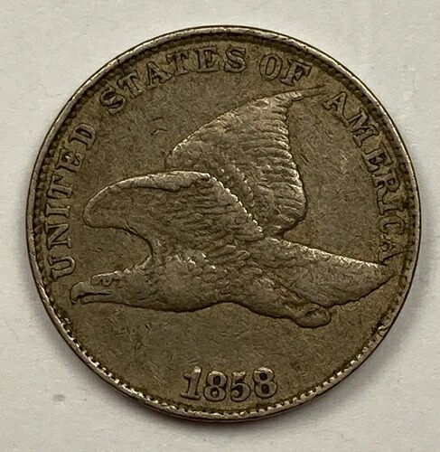 1858年フライングイーグルセント 0.01。チョイスVF。大きな文字。 43,615円