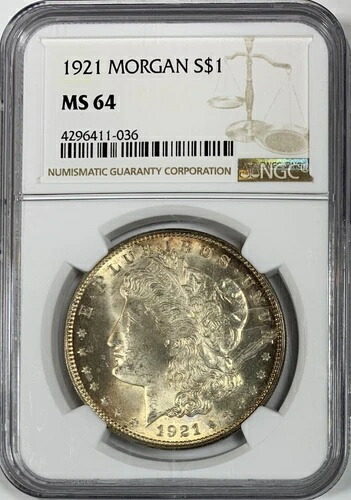1921 年 1 ドル モルガン銀貨、NGC MS 64、素晴らしい光沢!