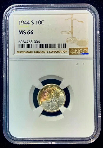 1944年 S マーキュリーダイム 10c NGC グレード MS 66 表面および逆に素敵なトーニング-