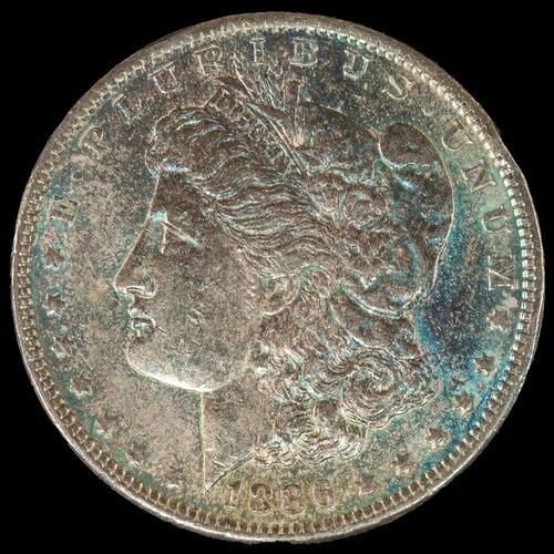 1886-P モーガン シルバー ダラー BU ホワイト ラスター & 印象的なブルー トーニング表面。