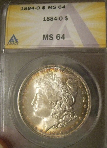 1884年 O モルガン銀貨 - BU ANACS MS 64、カラフルな周辺部トーニング 4073