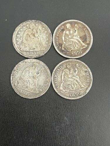 4枚のリバティ・シーティング・ダイム、1851年、1876年S、1877年S、1890年