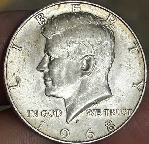 1968年ケネディ・ハーフドル硬貨、11.4g、銀90%。希少コイン、フィルドD、スプリットRヘア