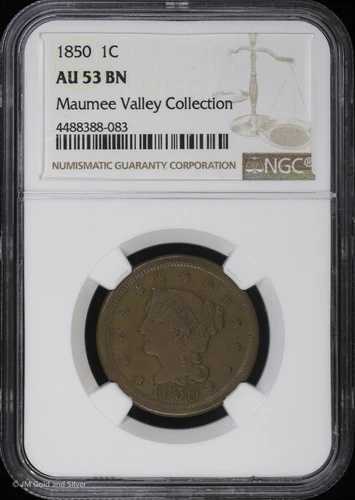 1850年 1セント 編み込みヘア ラージセント NGC AU 53 BN | モーミー・バレー・コレクション