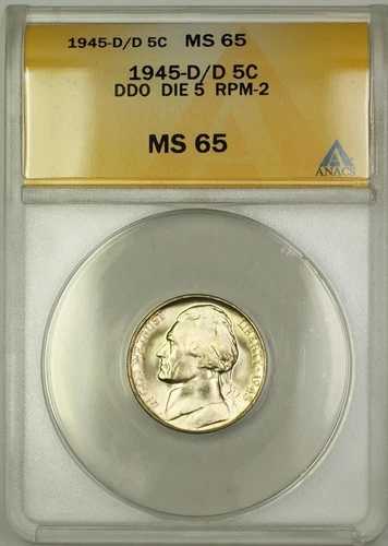 1945-D/D RPM-2 DDO DIE 5 戦時中 シルバー ジェファーソン ニッケル 5セント コイン ANACS MS-65 (J)