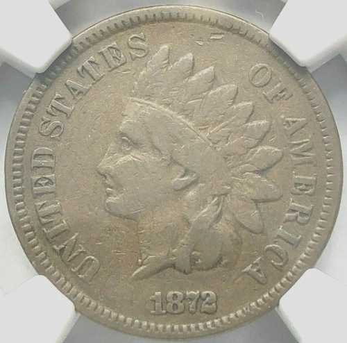 希少な1872年製米国銅製インディアンセントペニー、NGC F12 Fine 12 チョコレートブラウン