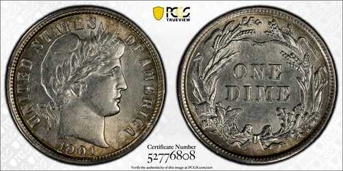 1901年製 シルバー バーバー ダイム PCGS AU58 周辺部トーニング - ゴールドシールド (#712)