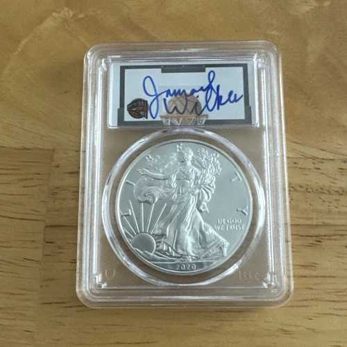 2020年 (S) シルバーイーグル 発行初日 FDOI PCGS MS70 HOF ジャマール・ウィルクスのサイン入り