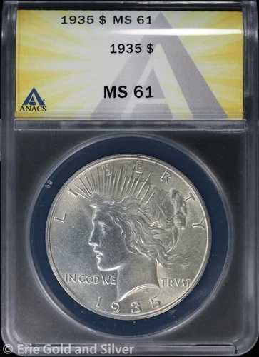 1935-P 1ドル平和銀貨 ANACS MS 61 | 未流通 UNC 62,920円