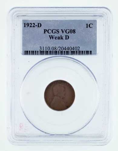 1922-D 1C ウィートペニー、弱D、PCGSグレードVG-08！素晴らしい！