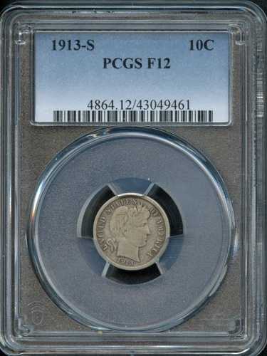 PCGS - バーバーダイム - 10セント - 1913 - F- 12 - 4864
