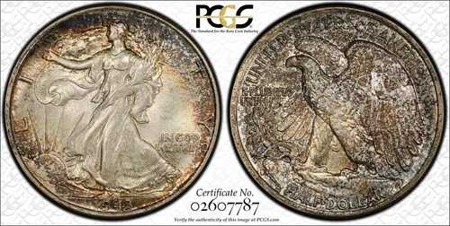 1943年ウォーキング・リバティ・ハーフダラー PCGS MS 65 - 表面レインボー・トーニング