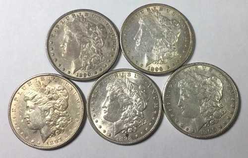 1890年、96年、97年、98年、1900年のドル硬貨5枚セット（光沢あり）