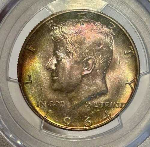 1964-D ケネディ ハーフ PCGS MS65 レインボートーン ジェム BU 90% シルバーコイン