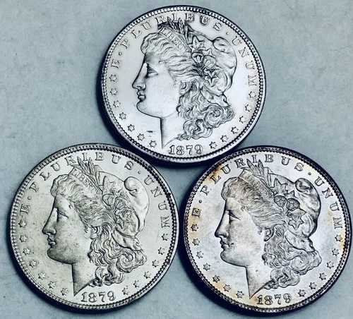 3枚セット（1879-P & 2x1879-S）モルガン銀貨 AU/BU 詳細