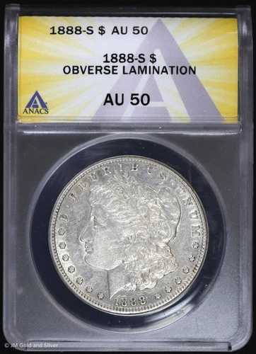 1888-S 1ドルモルガン銀貨 ANACS AU 50 | 表面ラミネートエラー