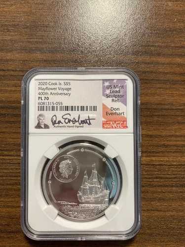 2020年 クック諸島 ファインシルバー 5ドル メイフラワー号 NGC PL 70 ドン・エバーハートのサイン入り 64,130円