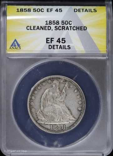 1858年 P 50セント 着席自由の女神像 ハーフ1/2ドル ANACS EF 45 詳細 | XF