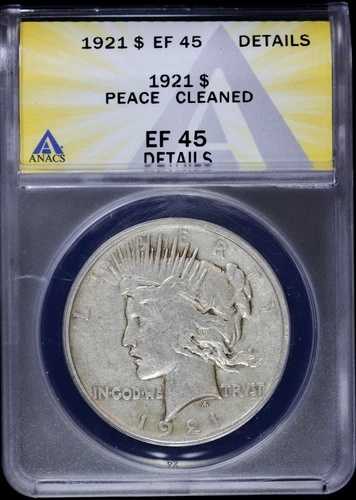 1921-P 1ドル平和銀貨 ANACS EF 45 詳細 | ハイレリーフ XF