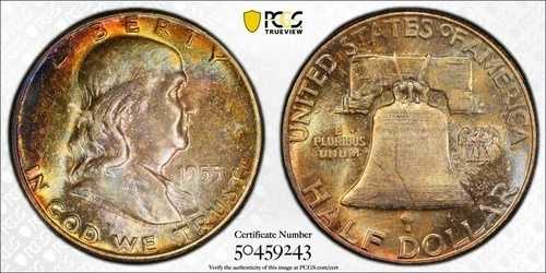 1955年 フランクリン ハーフダラー PCGS & CAC MS65 レインボートーニングトナー - U1050｜WORLD RESOURCE【QUEEN店】