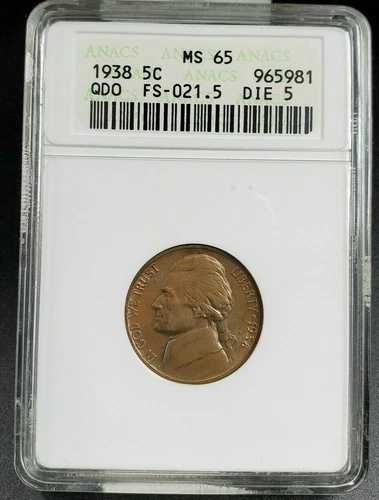 1938年 ジェファーソン ニッケルコイン バラエティ 5セント ANACS MS65 QDR FS-105 FS-021.5 クアッドダブル｜WORLD RESOURCE【QUEEN店】