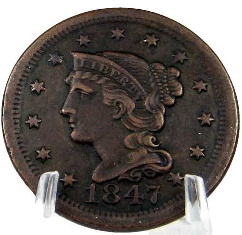 1847年 1セント 編み込みヘア USA ラージセント チョコレートブラウン ストロング AU コイン #GS11182ABG-2｜WORLD RESOURCE【QUEEN店】