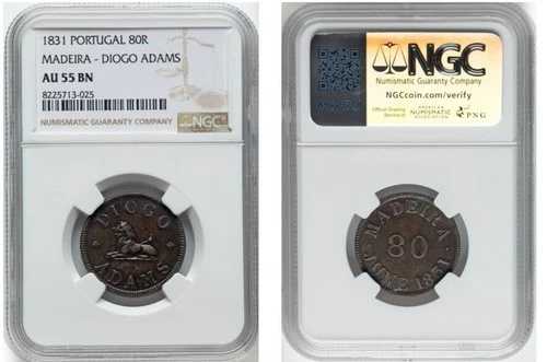 ポルトガル:マデイラ諸島。 Diogo Adams 80 Reis 1831 AU55 ブラウン NGC-