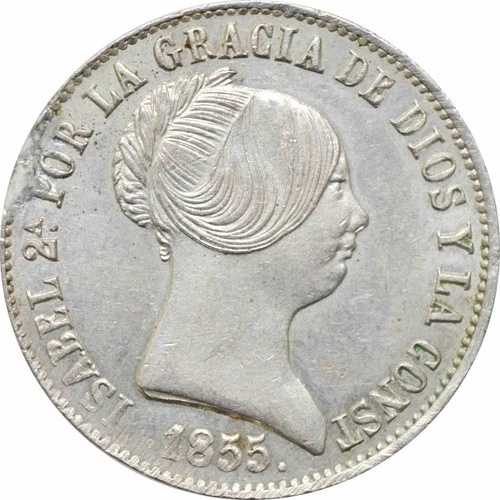 スペイン 10レアル 1855年、UNC Det. 破損品、「イサベル2世（1847-1864）」バルセロナ｜WORLD RESOURCE【QUEEN店】