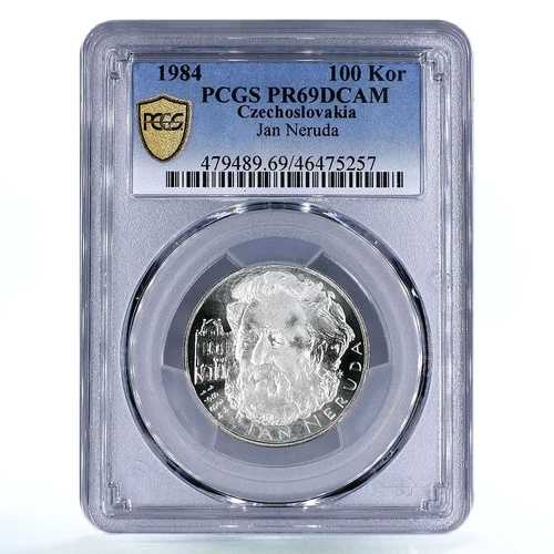 チェコスロバキア 100コルナ 作家 ヤン・ネルーダ 文学 PR69 PCGS 銀貨 1984年
