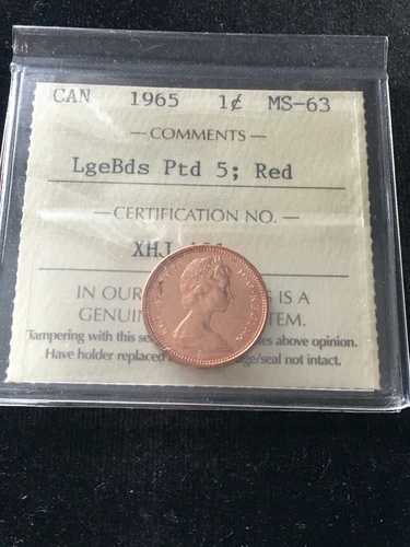 1965 T-4 LgBds Ptd 5、ICCSグレードカナダ、小型1セント、**MS-63** XHJ 421
